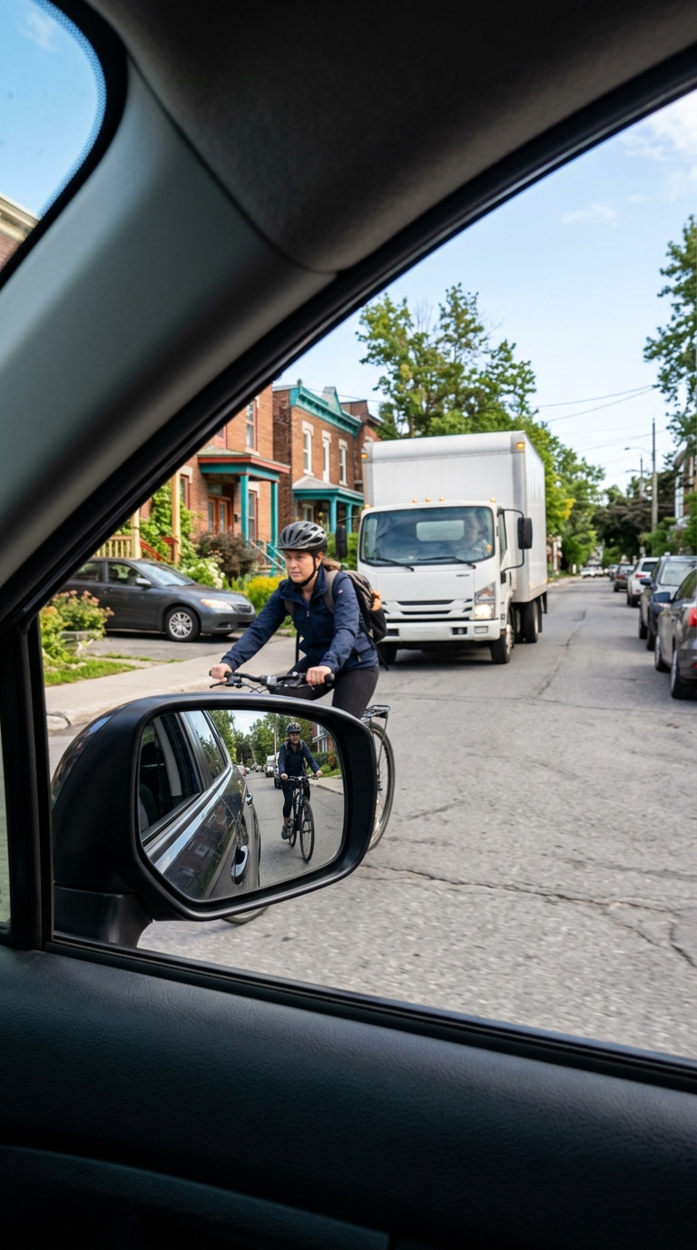 Cycliste longeant le flanc gauche et camion de livraison bloquant la voie