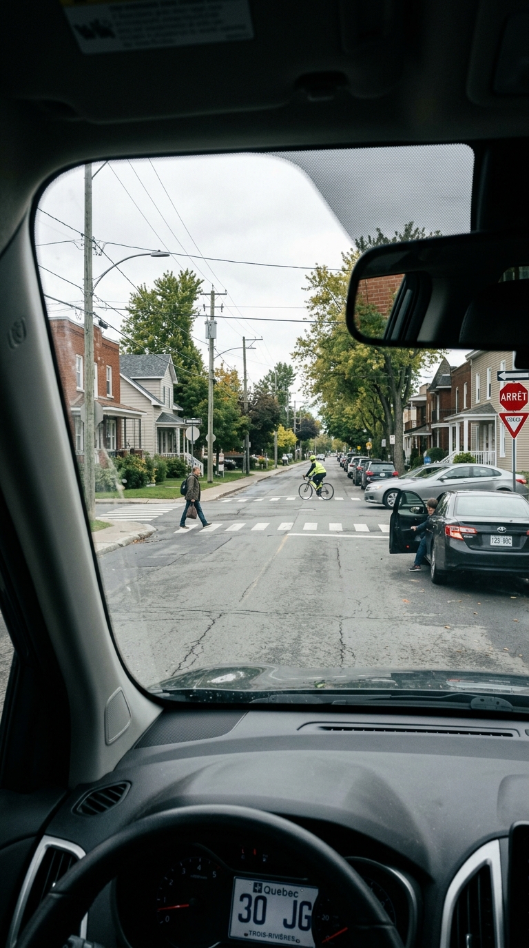 Vue panoramique d'une rue québécoise avec multiples indices de risques simultanés